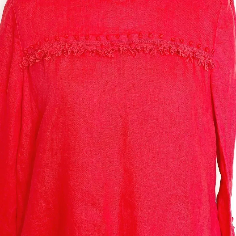 J Crew Womens Blouse 100% Linen Long Sleeve Dots Embroidered Trim Frayed Sz 8